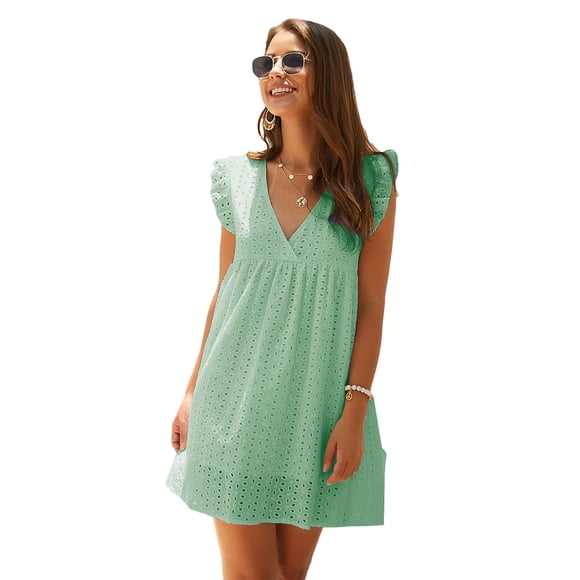 Aboser Women Summer Eyelet Lace Dress Casual V Neck Mini Dresses Hollow Out A Line Beach Dress Embroidered Ruffled Casual Dress Beach Party Sundresses