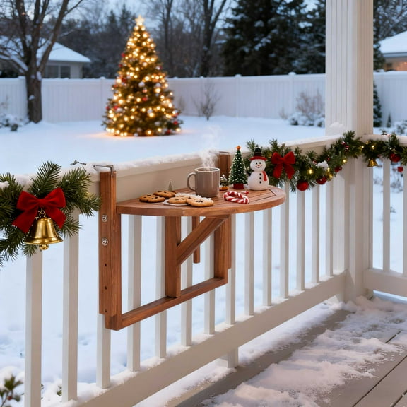 UBesGoo Folding Hanging Table, Wooden Baclony Railing Table, Height Adjustable Hanging Deck for Indoor Outdoor