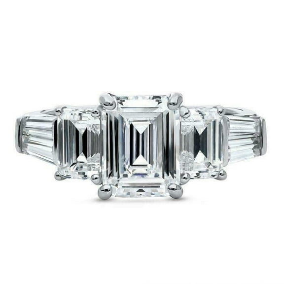 HeartsAndYou 4ct Emerald Cut Moissanite Elegant Three Stone Engagement Ring for Women 18k White Gold over Silver