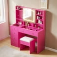 thumbnail image 3 of Hassch Vanity Desk with Light and Mirror Cabinet, Charging Station and Cushioned Stool, Makeup Table with Hooks and Glass Top, Dressing Table with Shelves and 5 Drawers for Bedroom, Pink, 3 of 6