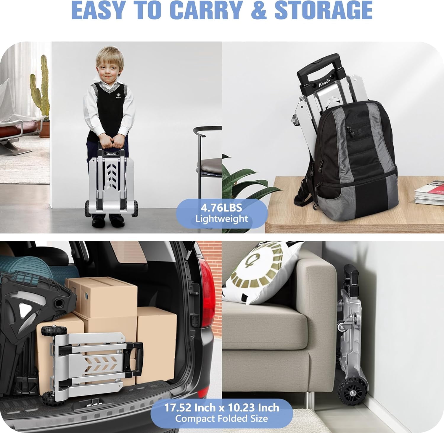 270LBS Utility Luggage Cart with 4 Wheels, 100% Aluminum Hand Truck Dolly, Folding Hand Truck with Advanced Tank Wheels, Portable Dolly Cart for Luggage, Travel, Shopping, Office Use