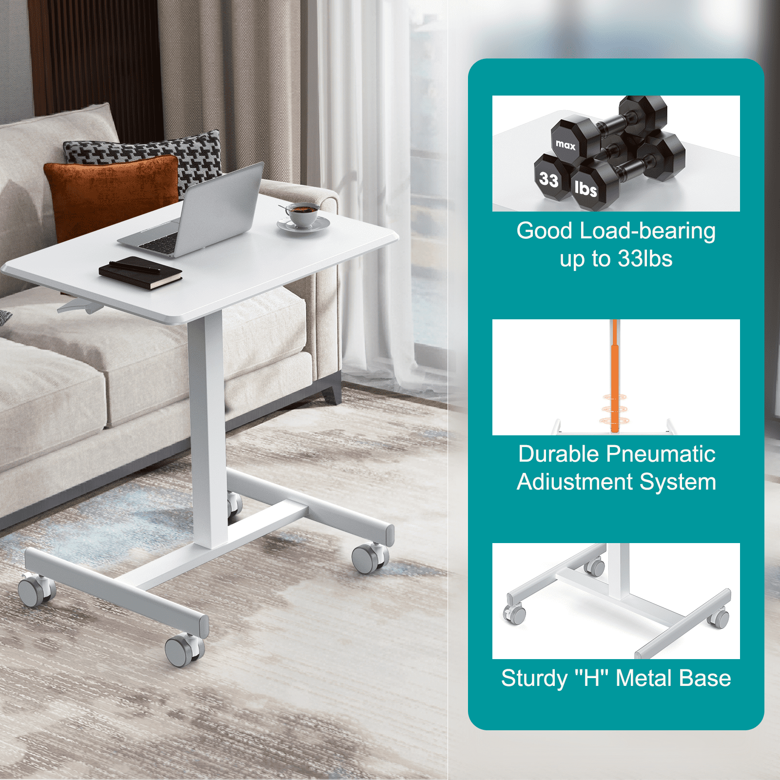 Aidoly Mobile Standing Desk with Locking Wheels - Height Adjustable Rolling Desk, Workstation for Home Office, Living Room & Classroom，White