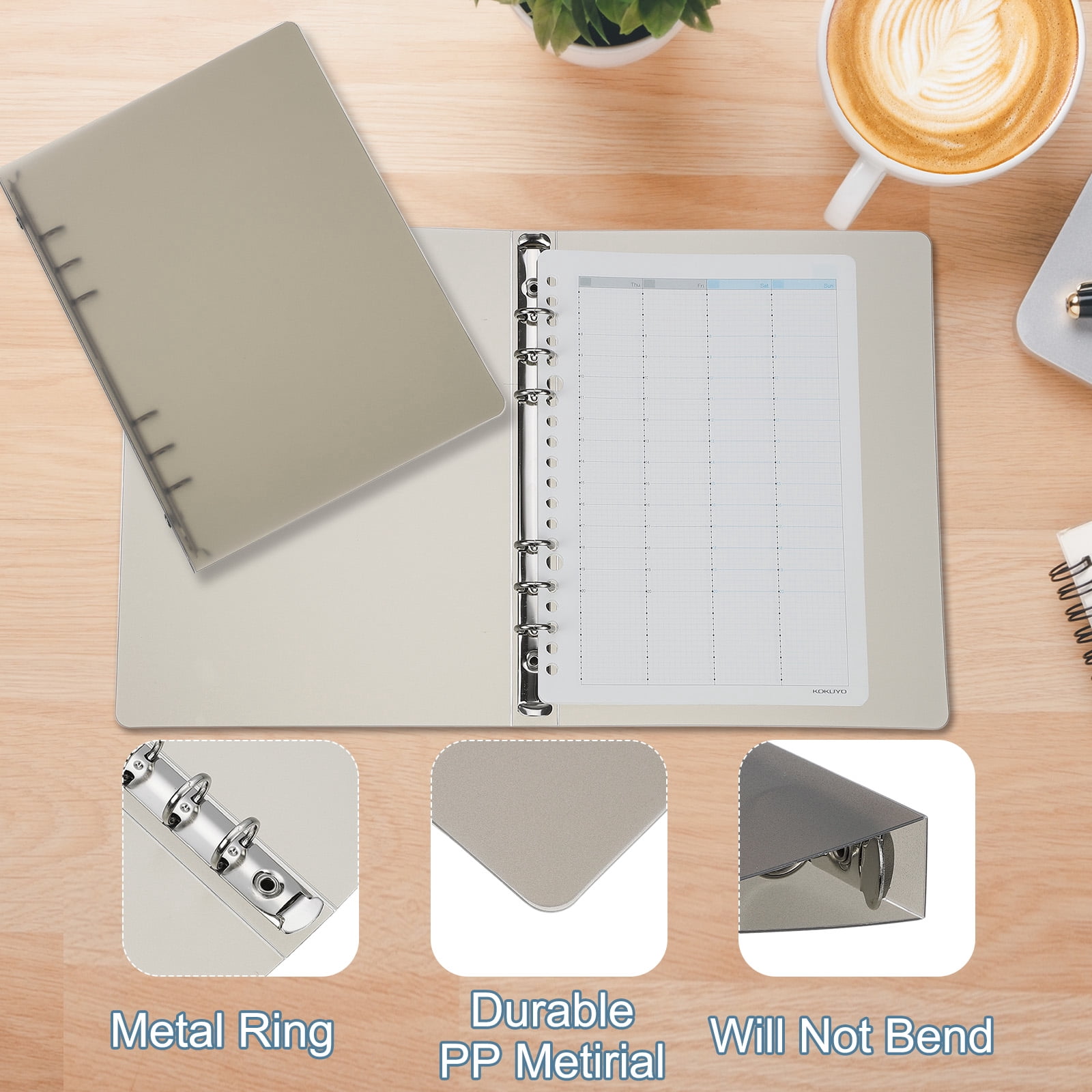 Uxcell A5 Binder Cover, 4 Pcs PP 6 Ring Loose Leaf Binder Protector Round Ring Binder, Brown