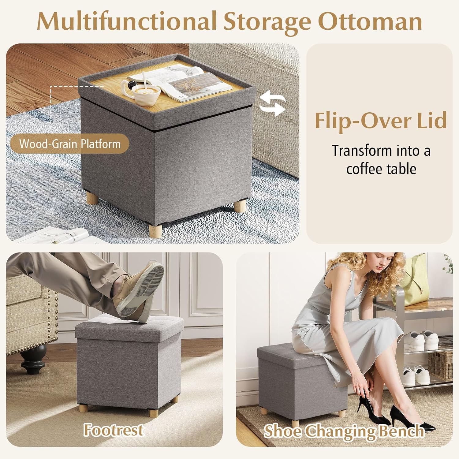 WBTER 18 Inches Storage Ottoman, Linen Fabric Cube Footstool with Rubber Wood Legs, Side Table with Flip Top Tray, Square Foot Rest Stool, Shoe Changing Stool for Living Room, Bedroom, Entryway
