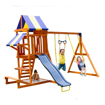 Sportspower Sunnyslope Wooden Swing Set with 6ft Wave Slide and Trapeze