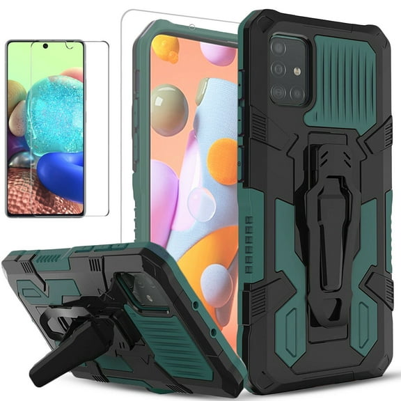 Samsung Galaxy A51 5G Case, Dual Layers [Combo Holster] And Built-In Kickstand Bundled with [Temerped Glass Screen Protector] Hybird Shockproof (Green)