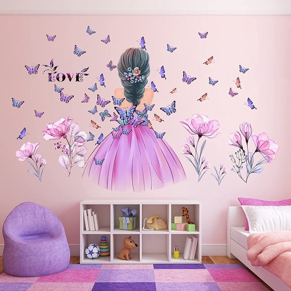 Butterfly Girl Wall Stickers Flower Fairy Wall Decal Pink Floral Wallpaper Colorful Butterflies DIY Removable Vinyl Wall Art for Girls Baby Nursery Bedroom