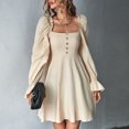 thumbnail image 2 of Vestido de manga larga para mujer, estilo francés, elegante, con cuello cuadrado, manga abombada, corte entallado, vestido de corte A para fiesta nocturna, color caqui XL, 2 of 8