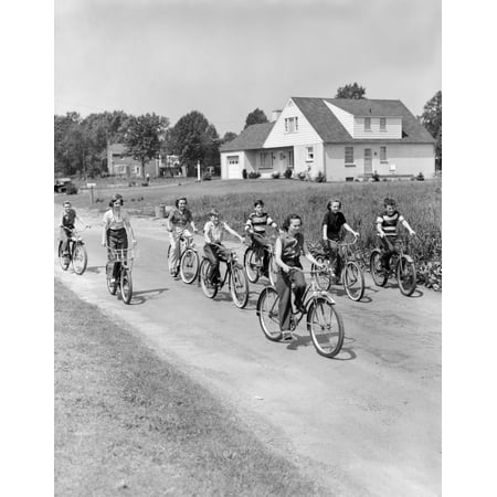 1950s Group Of 8 Kids Boys And Girls Riding Bicycles On Country Rural Road House In Background Print By