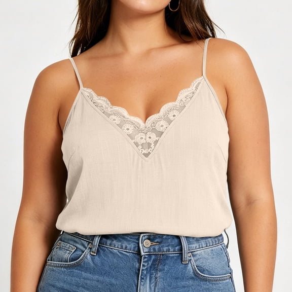 ClodeEU Women's V Neck Lace-Trimmed Tank Top,Loose Fit Casual Solid Color Camisole Beige,Women's Plus L