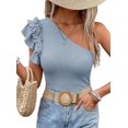 thumbnail image 3 of Camisas de Mujer con Volantes, Corta, Hombros Descubiertos, Corte Entallado, Cuello Alto, Punto Acanalado Azul L, 3 of 8