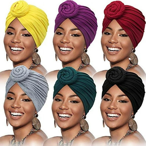 SHIHUALQ 6 Pieces Women African Turban Flower Knot Pre-Tied Bonnet Beanie Cap Headwrap