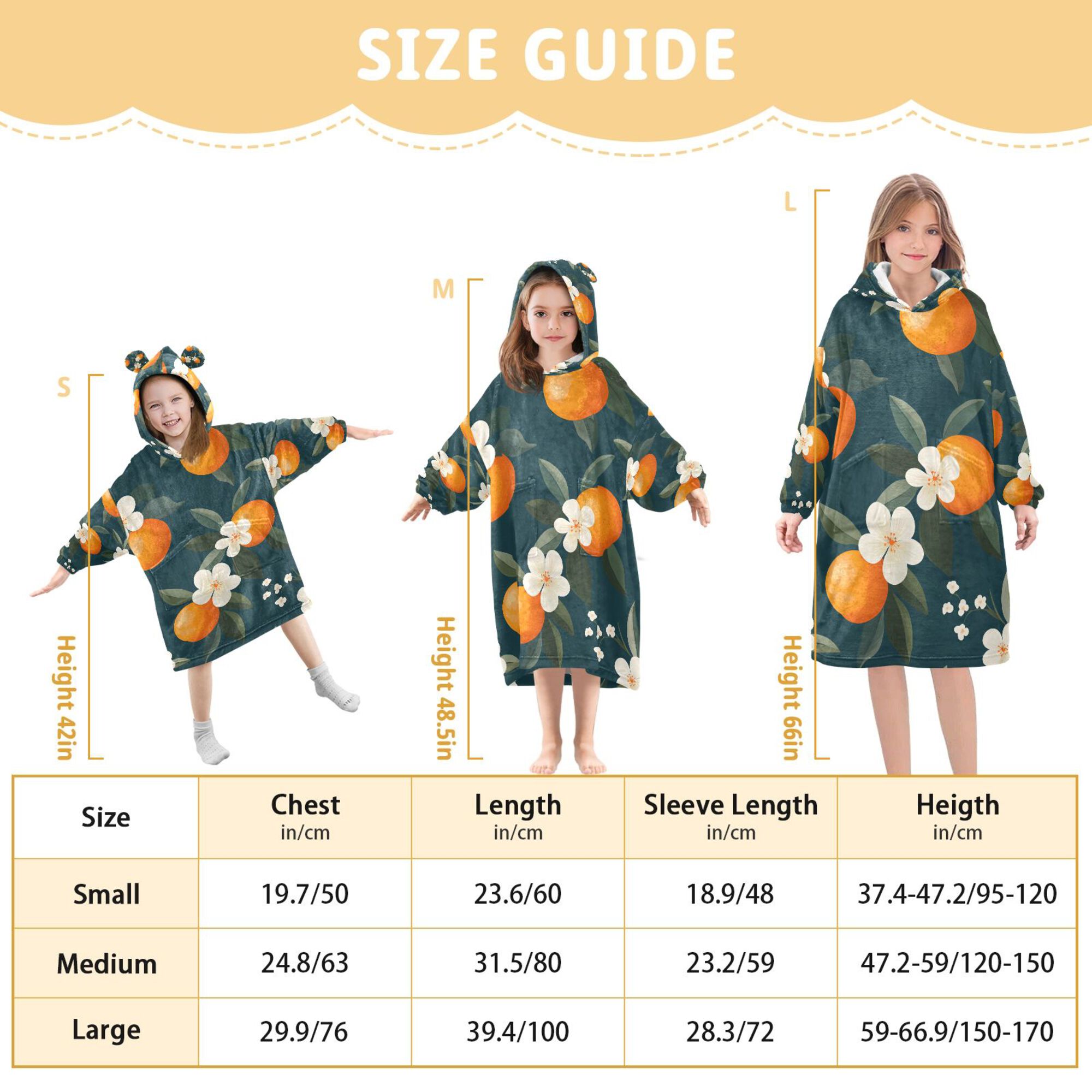FORMRS Wearable Blanket Hoodie with Sleeves for Kids Cozy Flannel Sweatshirt, Floral Oranges