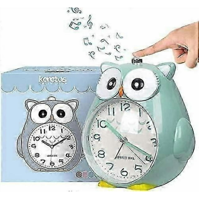 Non-ticking Owl Children's Alarm Clock With Night Light, Snooze Function - Loud Battery Operated Children's Alarm - Green