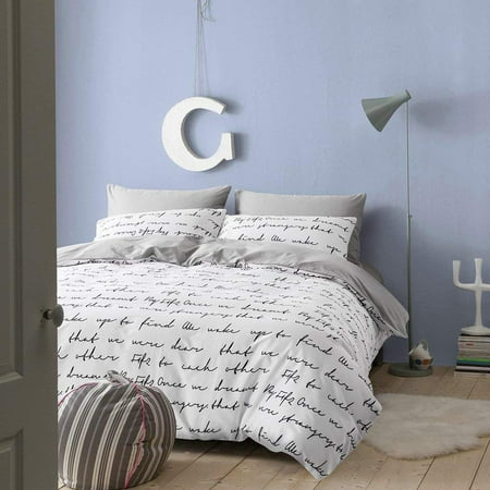Love Letters Print Cotton Kids Duvet Cover Queen Set White Gray