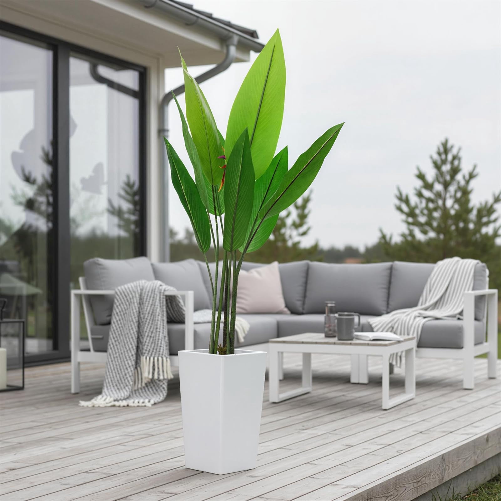 Accreate Faux Banana Tree Artificial Plant, Fake Potted Tropical Evergreen with Tall White Planter for Living Room, Entryway, Porch, or Office