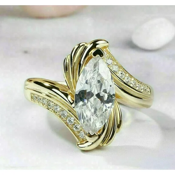 3Ct Lab Created Solitaire Marquise Diamond Engagement Ring 14K Gold Plated Silver