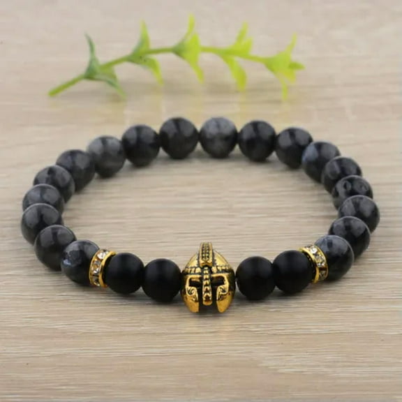 EOEMY Men Women 8mm Natural Round Gemstone Bead Handmade Beads Bracelets Jewelry Gift-Golden Helmet Grey Stone Ela...