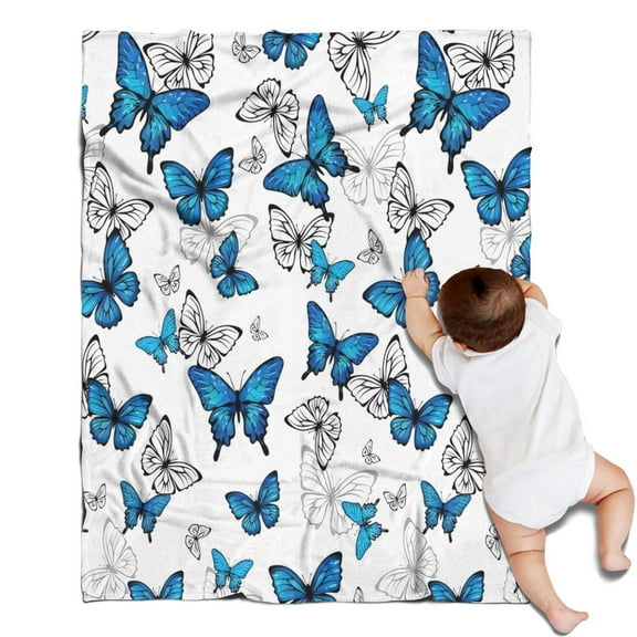 Blue White Butterfly Pattern Blanket,Comfortable Soft Flannel Throw Blanket,All Season,Warm Lightweight Blankets for Sofa Bed Couch Living Room Chair,30"x40"