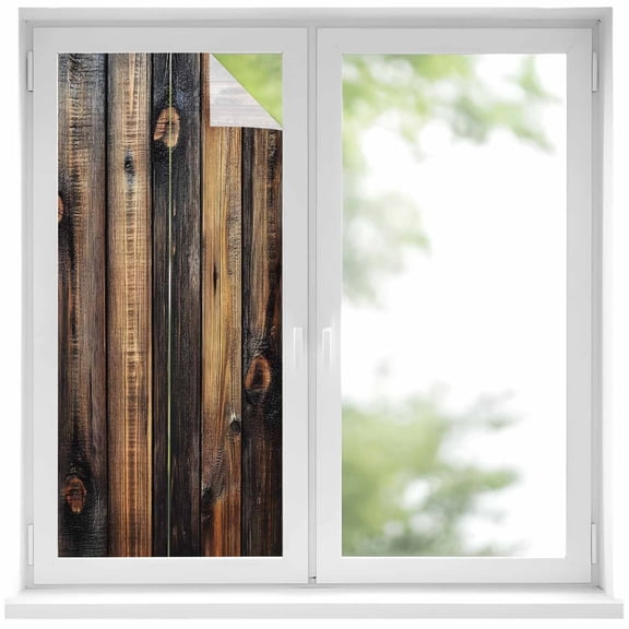 Black Brown Board Window Privacy Film, Vintage Chic Shabby Wooden Grain Static Cling UV Sun Blocking Heat Control Window Tint Day and Night, Non-Adhesive One Way Windows Privacy Cover 19.6''x39.3''