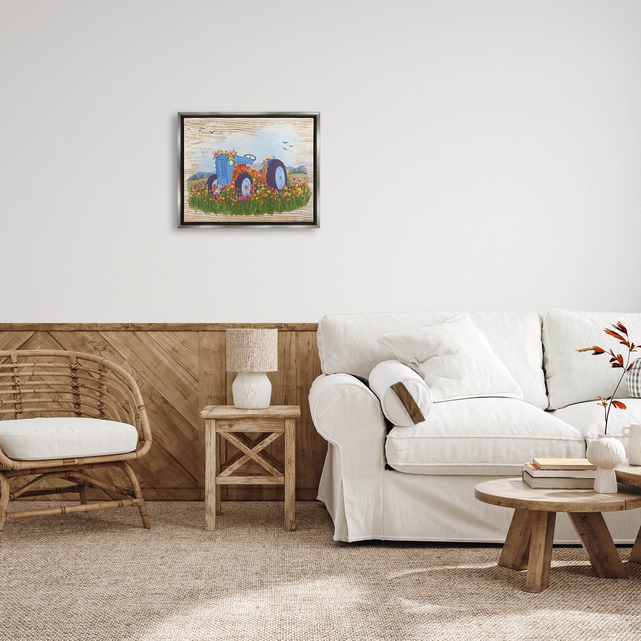 Farmhouse Tractor Floral Blooms Transportation Graphic Art Luster Gray Framed Art Print Wall Art