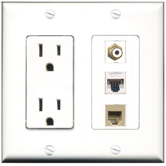 RiteAV - 15 Amp Power Outlet 1 Port RCA White 1 Port Phone Beige 1 Port Cat5e Ethernet White Decorative Wall Plate