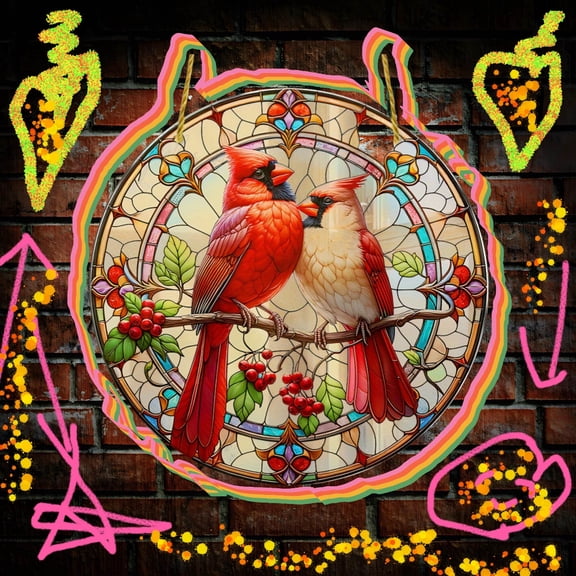 1pc Vibrant Red Cardinals Stained Acrylic Suncatcher Round Window Hanging Ornament with Wreath Decor Festive Bird Lovers Gift for Home, Porch, Wall, Room, Garden Decor