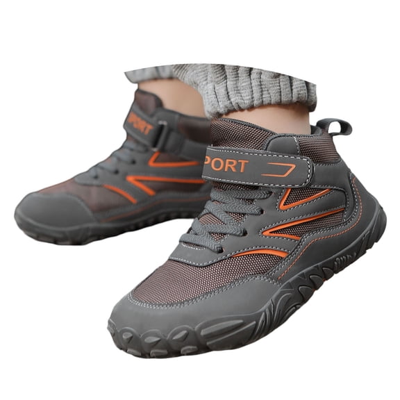 Krdevn Kids High Top Hiking Boots Wide Toe Box Barefoot Style Hook‑Loop Non‑Slip Wear‑Resistant Outdoor Trail Boots for Boys Girls,Grey