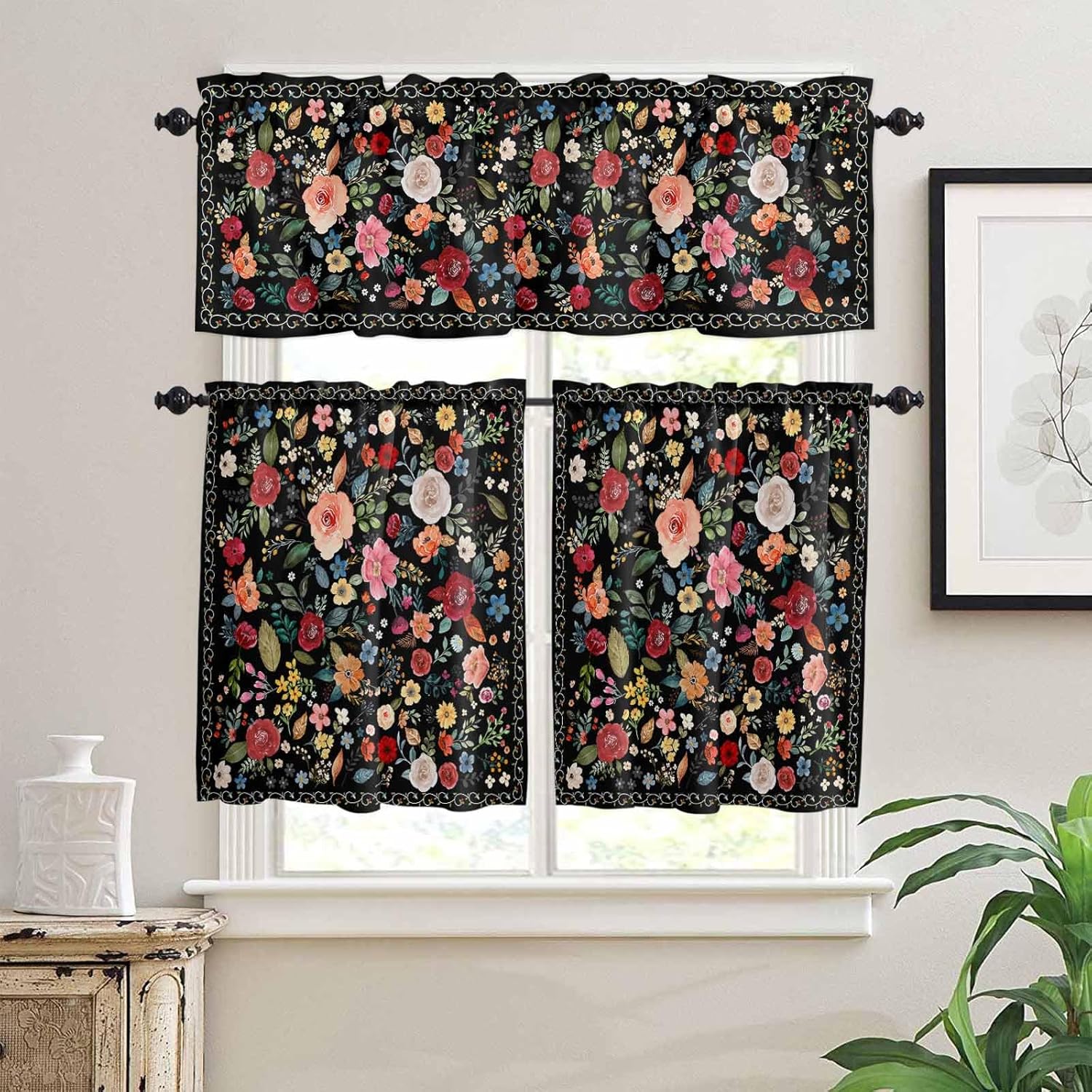 Colorful Flowers Kitchen Curtains and Valances Set, Rod Pocket Curtains Tier Farmhouse Window Curtains 36 Inch Length, Spring Summer Botanical Plants Rustic 3 Piece Kitchen Curtains Set