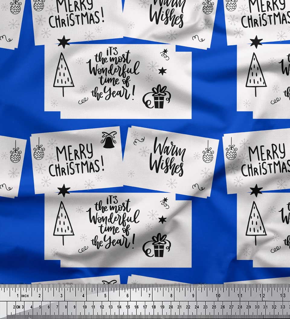 Soimoi Blue Georgette Viscose Fabric Tree & Merry Christmas Text Printed Fabric 1 Yard 42 Inch Wide