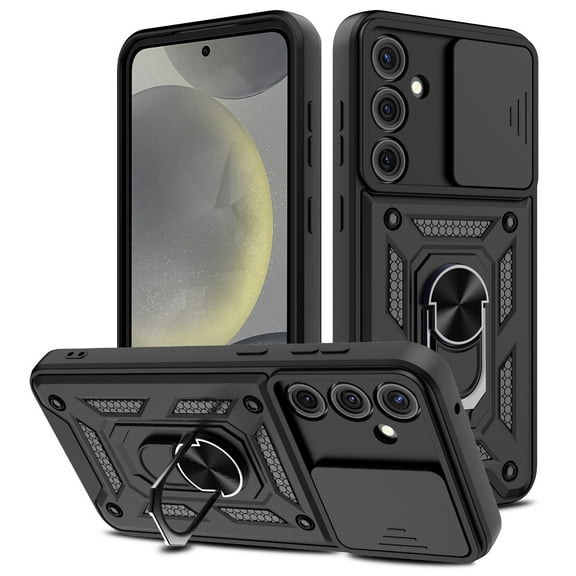 Elegant Choise Case with Screen Protector with Ring Stand and Slide Camera Lens for Samsung Galaxy S24 Ultra/S24 Plus/S24, Black