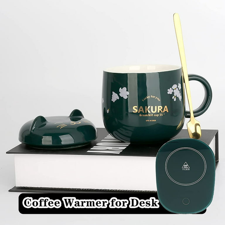 Coffee Mug Warmer, Smart Mug Set with Cute Cat Pattern, Electric Cup Warmer  for Home Office Desk Use, Green 