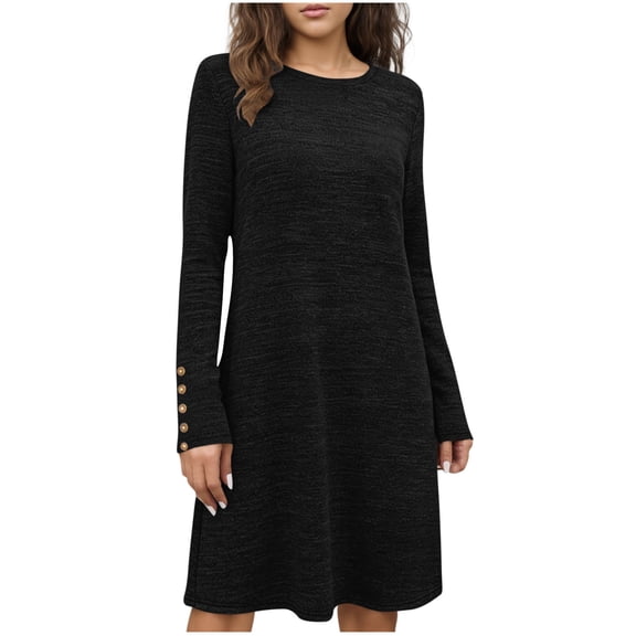 VEKDONE Women's Basic Midi Dress Long Sleeve Crewneck A-Line Dress Casual Loose Fit Soft Dresses Going Out Home Fashion Clothes Black XL
