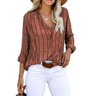 Women Striped Blouse Shirt Long Sleeve Button Down Shirts Casual Oversized Collared Shirt Tops, Red, Small