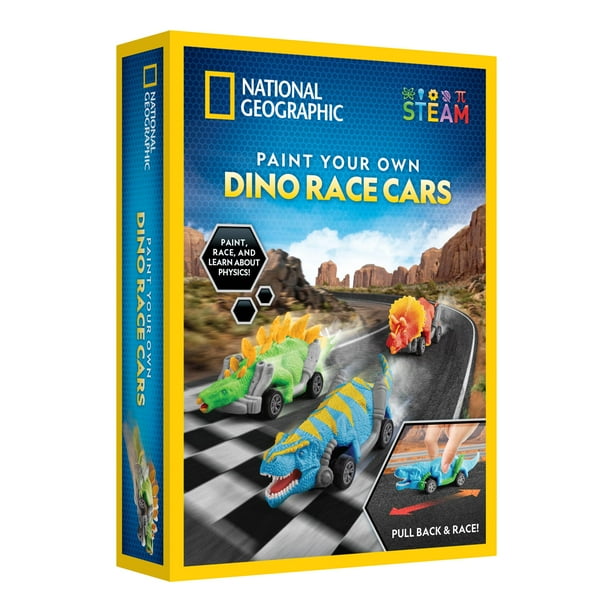 Blue Marble National Geographic - Kit de manualidades para coches de carreras de dinosaurios con retroceso, pintura de 3 coches de carreras de dinosaurios con 6 colores de pintura, juguetes de dinosau