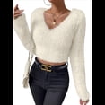 thumbnail image 2 of Suéter Corto de Larga con Cuello en V para Mujer, Informal, Liso, Ajustado, Cálido, de Punto Albaricoque M, 2 of 8