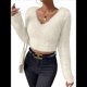 thumbnail image 2 of Suéter Corto de Larga con Cuello en V para Mujer, Informal, Liso, Ajustado, Cálido, de Punto Albaricoque XL, 2 of 8