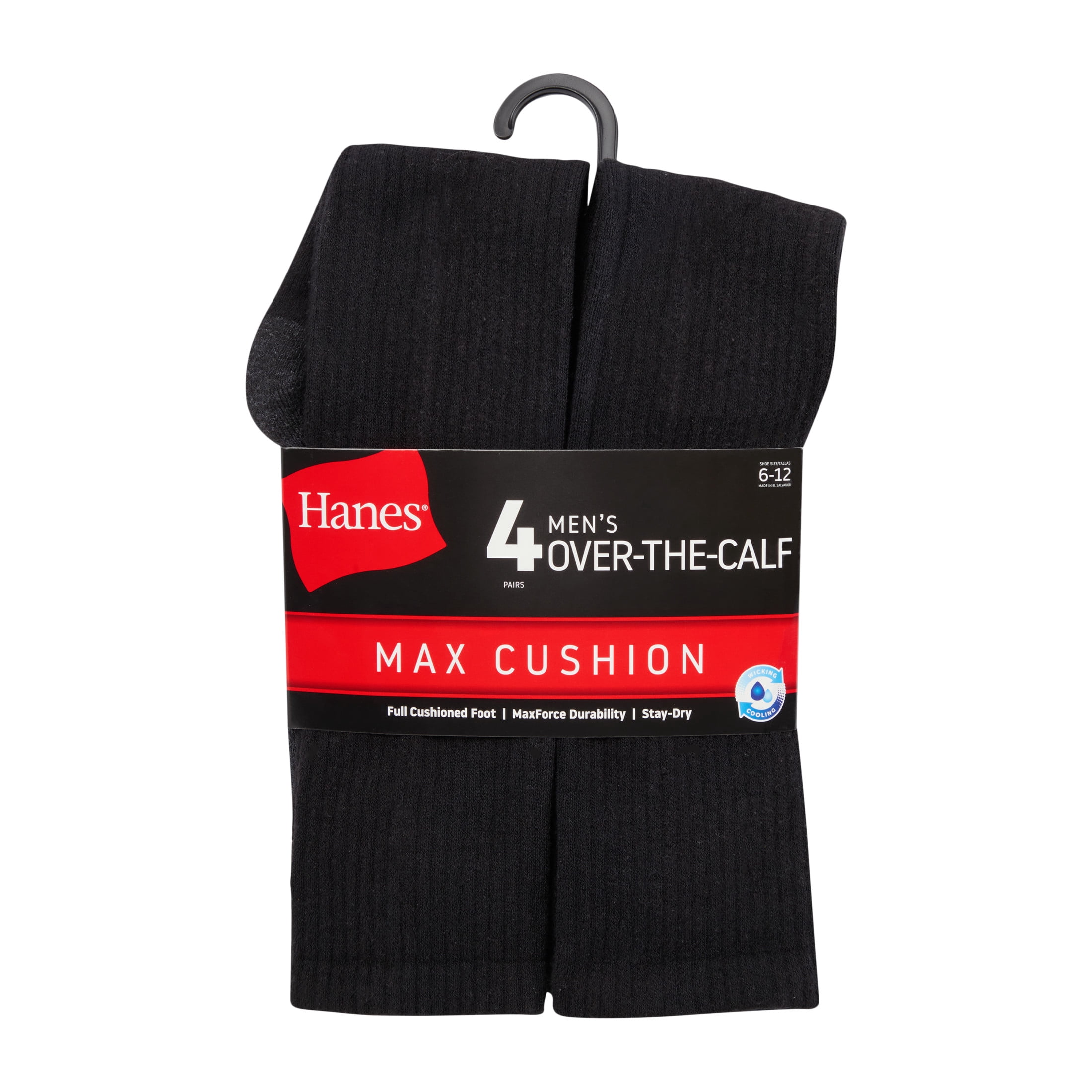 Hanes Mens Over-the-Calf Socks, Max Cushion, Cool Comfort, 4-Pack, Size 6-12