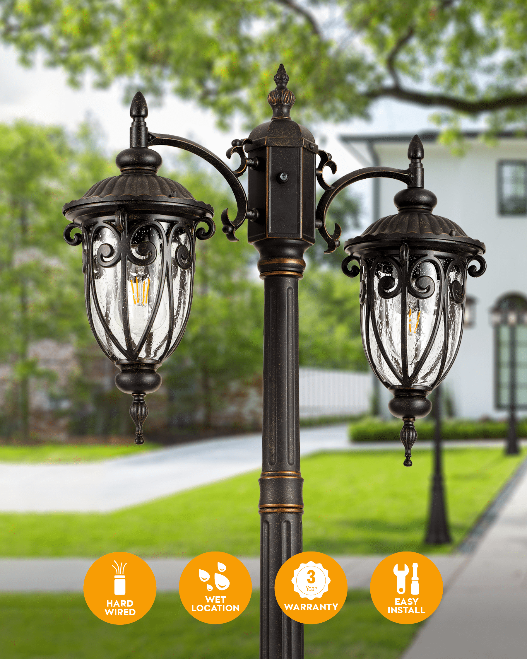 VIANIS 2-Head Outdoor Lamp Post Light, Dusk to Dawn Post Lamps Outside, Waterproof Seed Glass Lamp Posts Outdoor Lighting, Anti-Rust Bronze Light Posts for Outside, Garden, Yard, Doorway, Hardwired