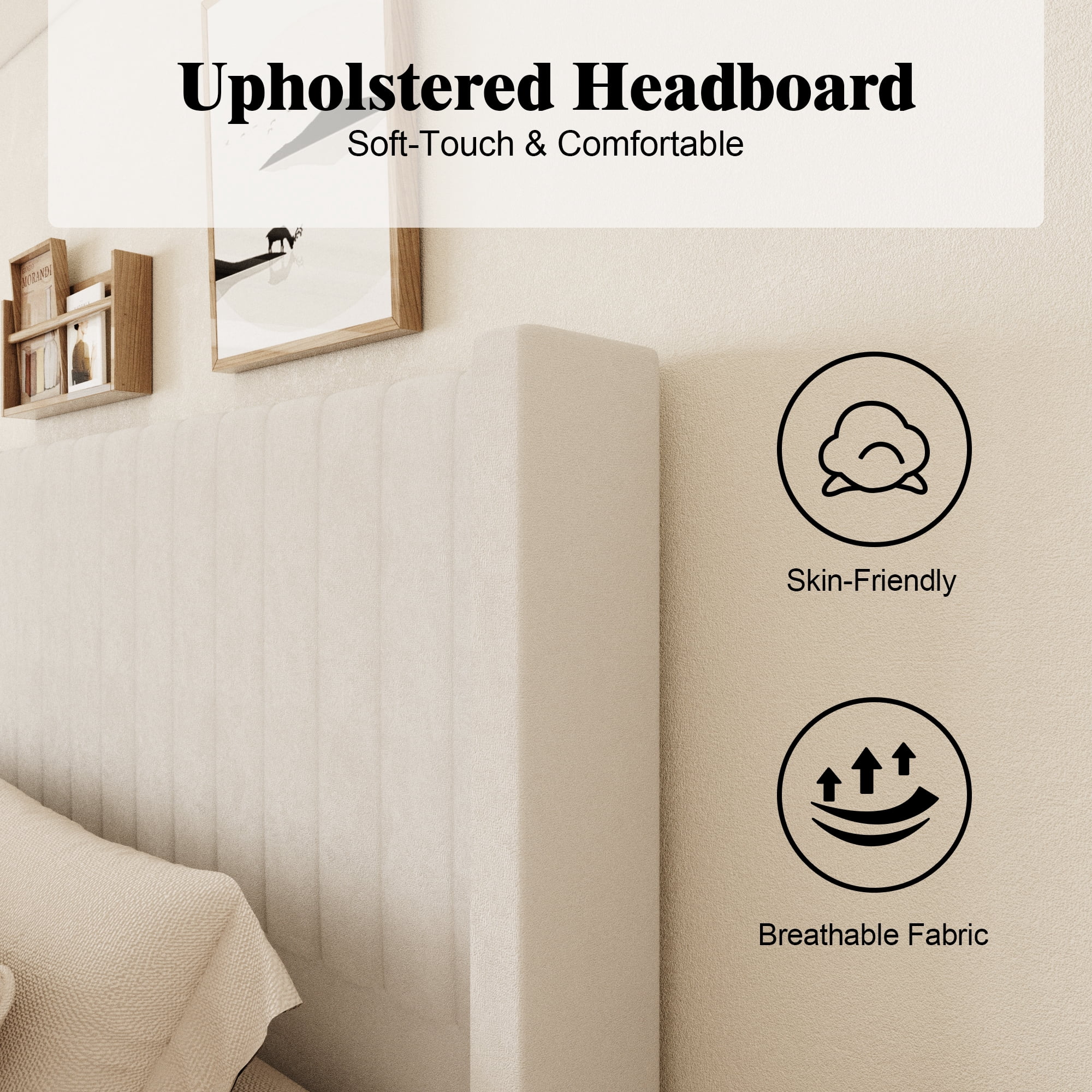 Queen Size Bed Frame, Upholstered Platform Bed with 58.2" Tall Headboard & Footboard, Soft Velvet Fabricbed Bed, Easy Assembly, Beige