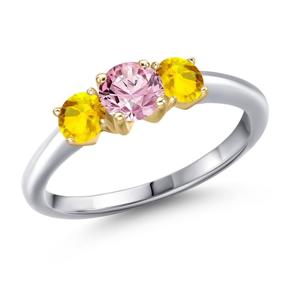Gem Stone King 925 Silver and 10K Yellow Gold Pink Lab Grown Diamond and Yellow Sapphire Engagement Ring for Women | 1.22 Cttw | Round 5MM | Gemstone April Birthstone | Size 6