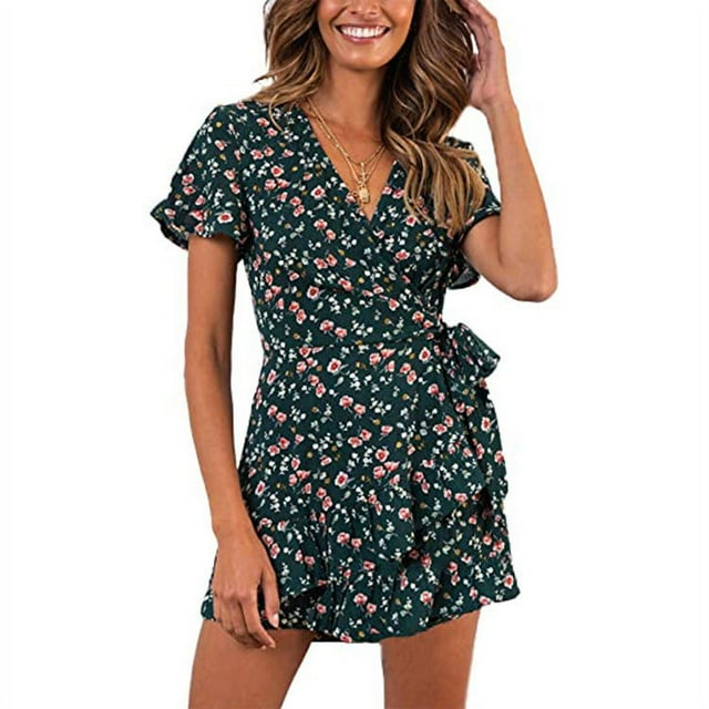 Robe d'Été Portefeuille Col en V à Pois Manches Courtes à Volants Mini Robe Florale avec Ceinture, T11, TG