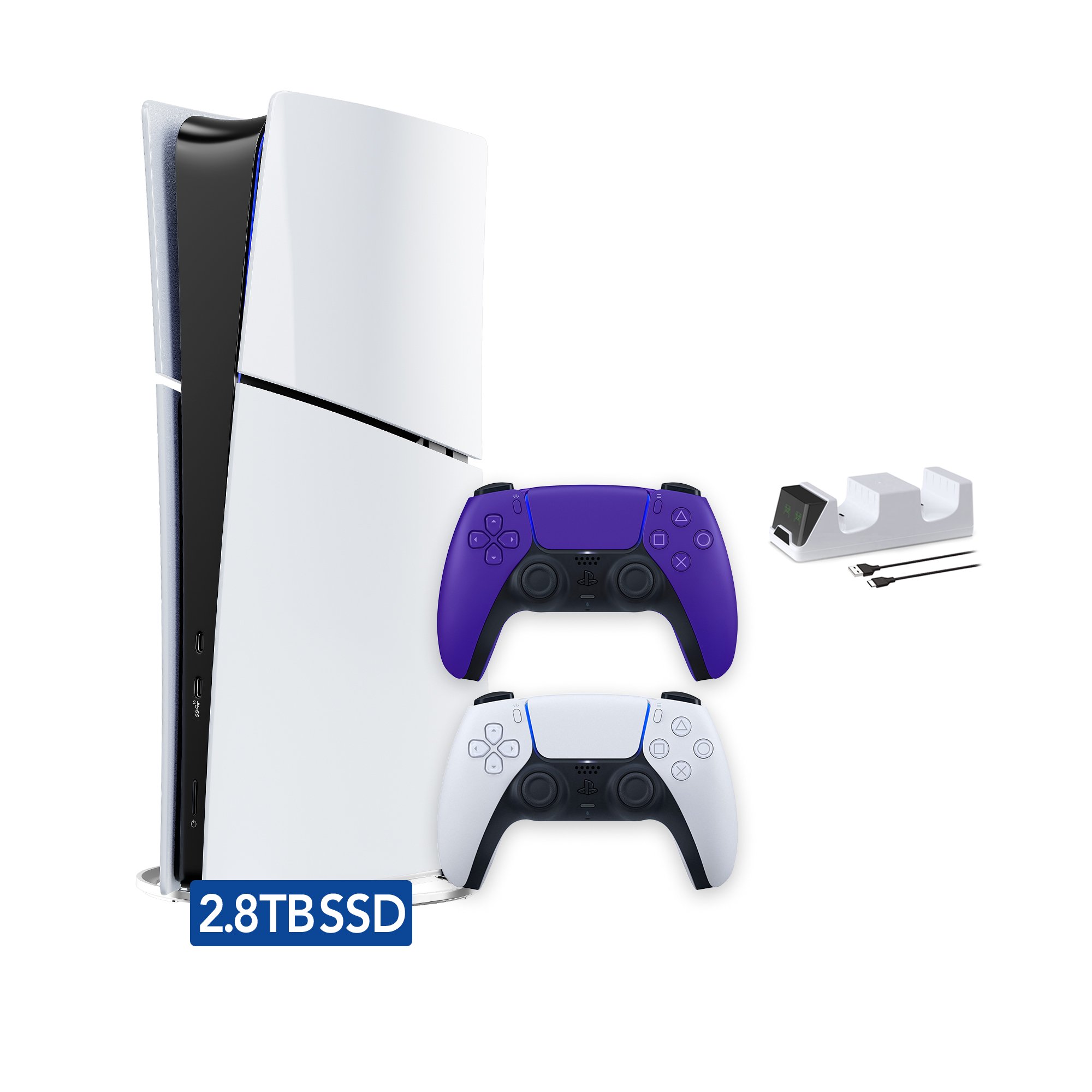 PlayStation 5 Slim Digital 2.8TB SSD Edition Bundle with Two Controller White and Galactic Purple Dualsense and Mytrix Controller Charger - Slim PS5 2.8TB PCIe SSD Gaming Console