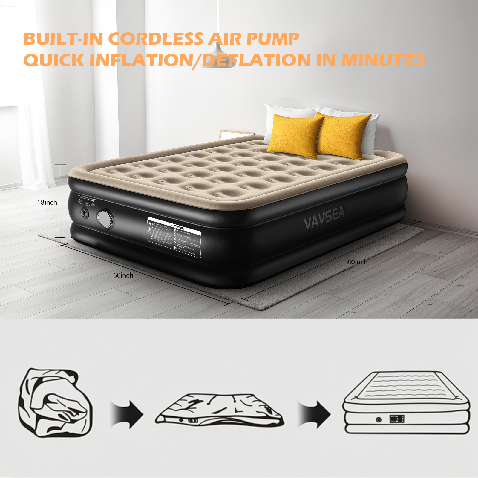 VAVSEA Queen Air Mattress Cordless, 18" Blow up Mattresses with Built in Pump for Camping, Travel, Guests, 660lb Max