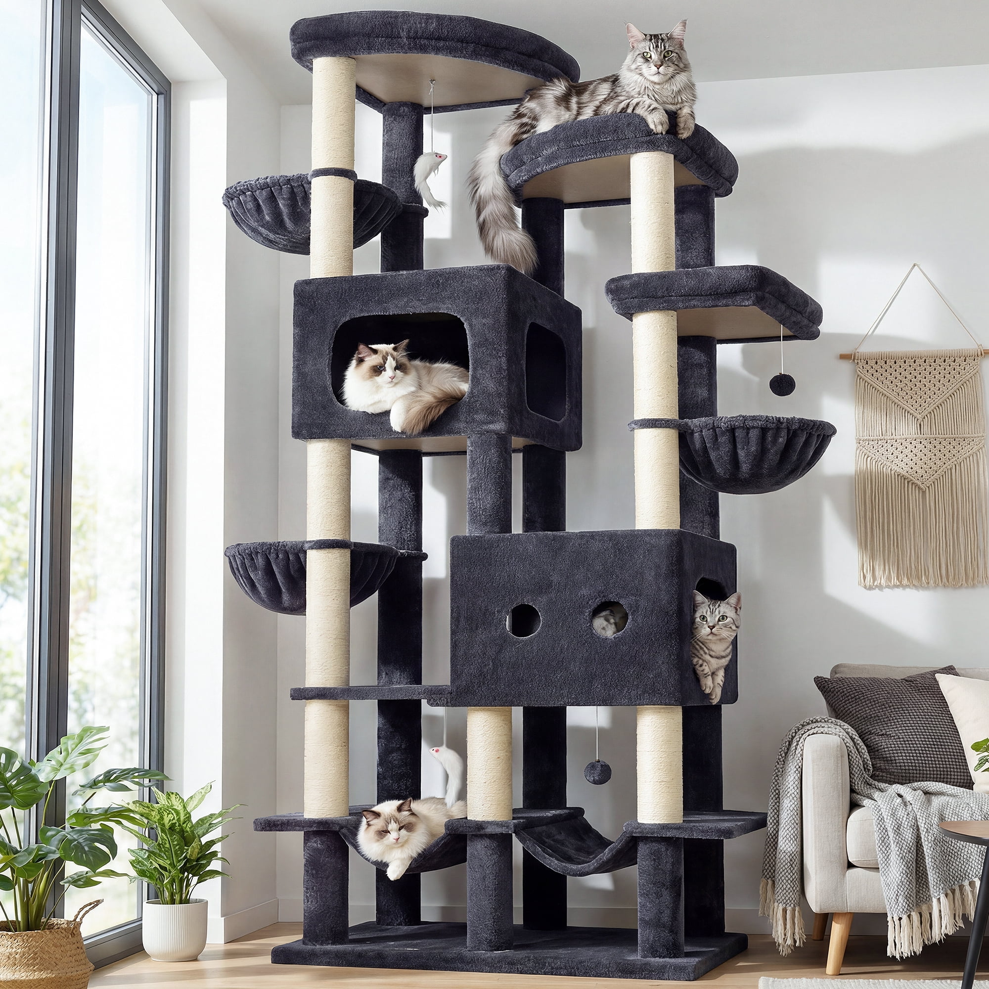 Globlazer Multi-Level Large Cat Tree,81-inch Cat Tower for Indoor Cats With 10 Sisal Scratching Posts, 2 Hammock, 2 Cat Condos & 3 Hanging Cat Baskets, Ideal for Multiple Adult Cats, Dark Gray