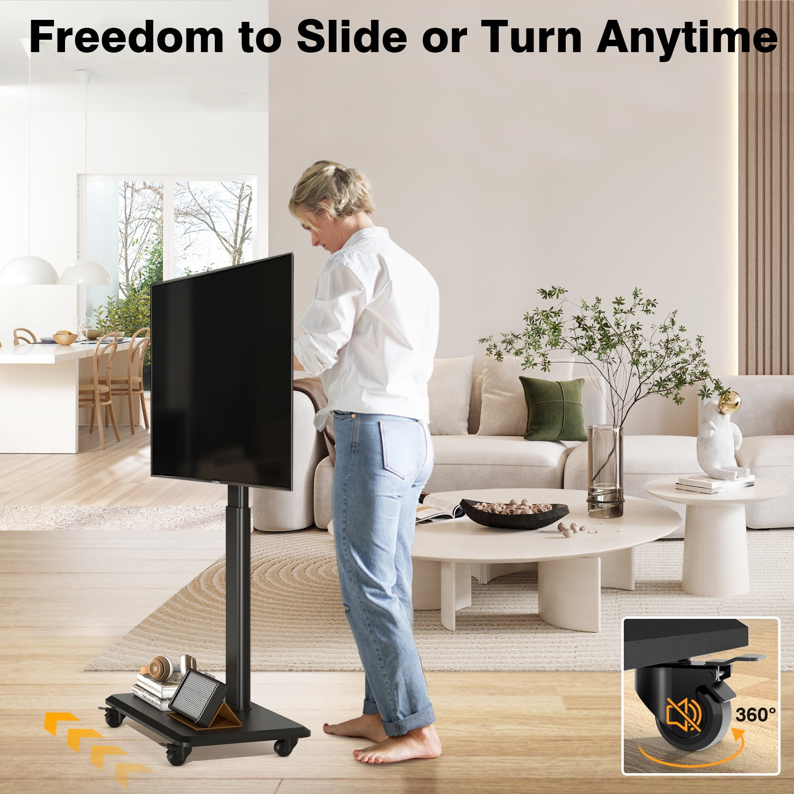 RTVR Rolling TV Stand for 32 to 70 Inch TVs,9 Levels of Height & ±30° Swivel Adjustable Mobile TV Stand for Bedroom, Corner, Small Dorm, Modern Portable Corner TV Stand with Upgraded Wheels,Black