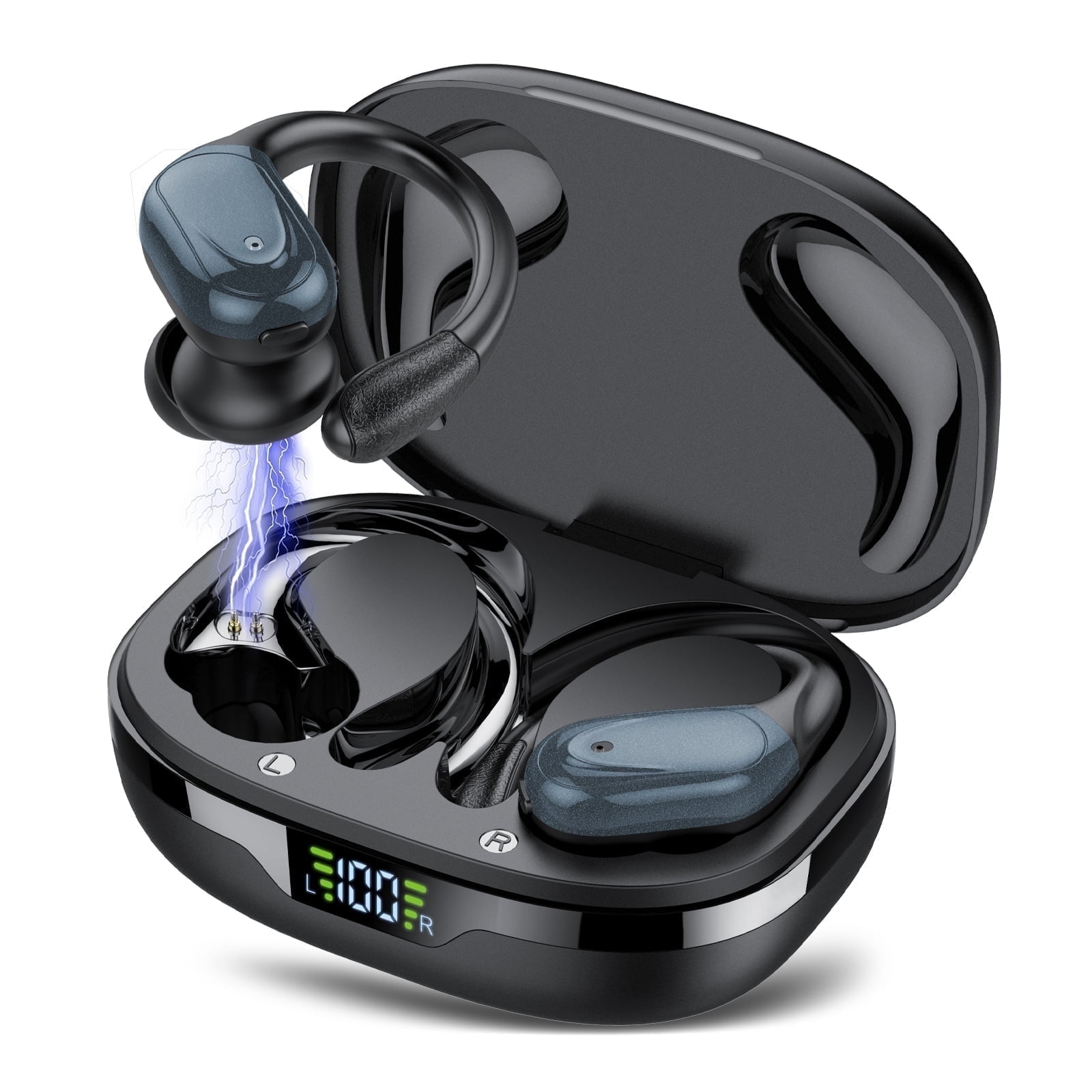 Wireless Earbuds Bluetooth Headphones with Earhooks, 60H Playtime LED Display, Deep Bass Over Ear Buds, IPX7 Waterproof Sport Earphones Built-in Mic for iPhone Android Running Gym, Black