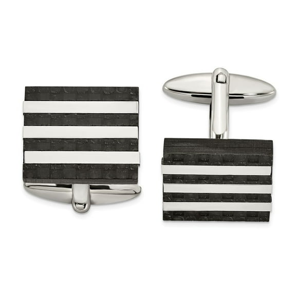Primal Steel Stainless Steel Polished and Brushed Solid Carbon Fiber Cuff Links