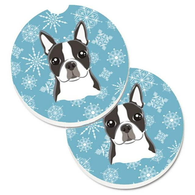 Snowflake Boston Terrier Set of 2 Cup Holder Car Coaster