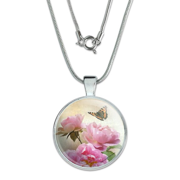 Pink Roses and Butterly 1" Pendant with Sterling Silver Plated Chain